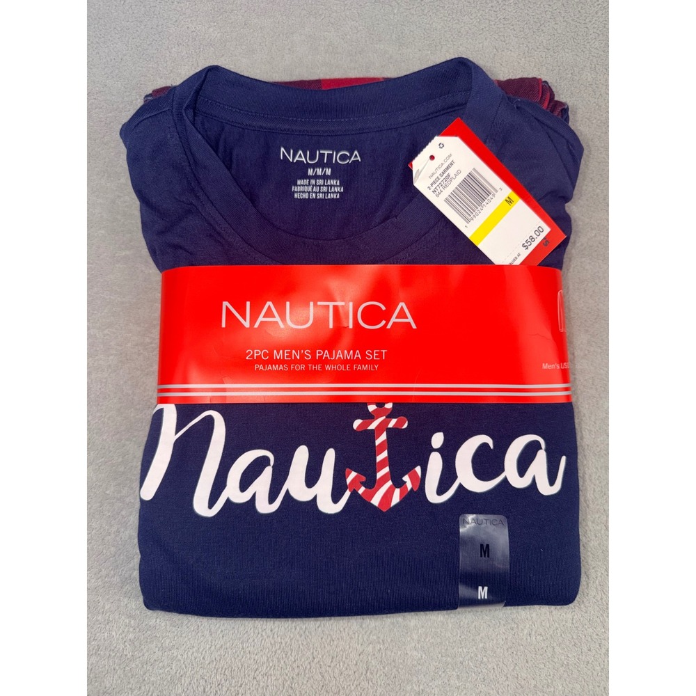 Nautica Mens 2PC Pajama Set Navy Blue Long Sleeve Top Red Plaid Pants Size M NEW